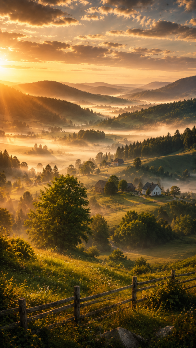 Misty Valley Village Sunrise