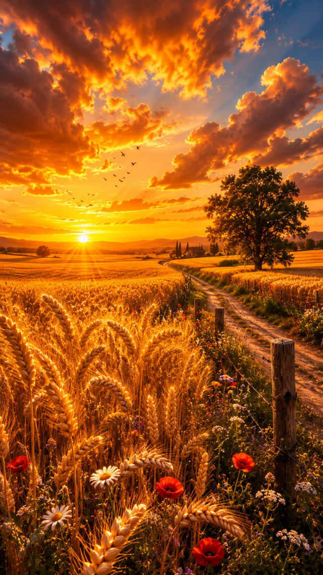 Wheat Field under Fiery Sunset
