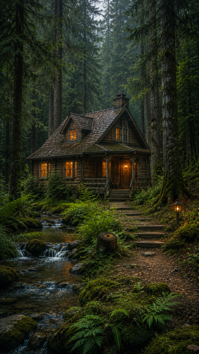 Cabin Beside A Forest Stream
