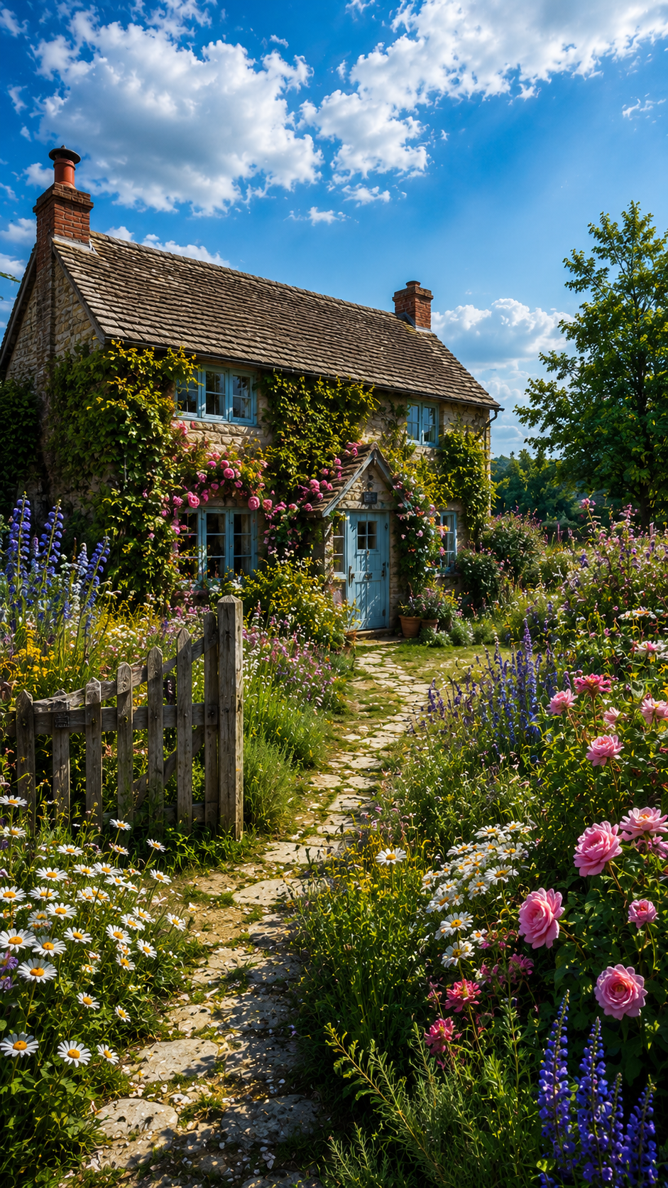 Cottage Garden under Blue Sky