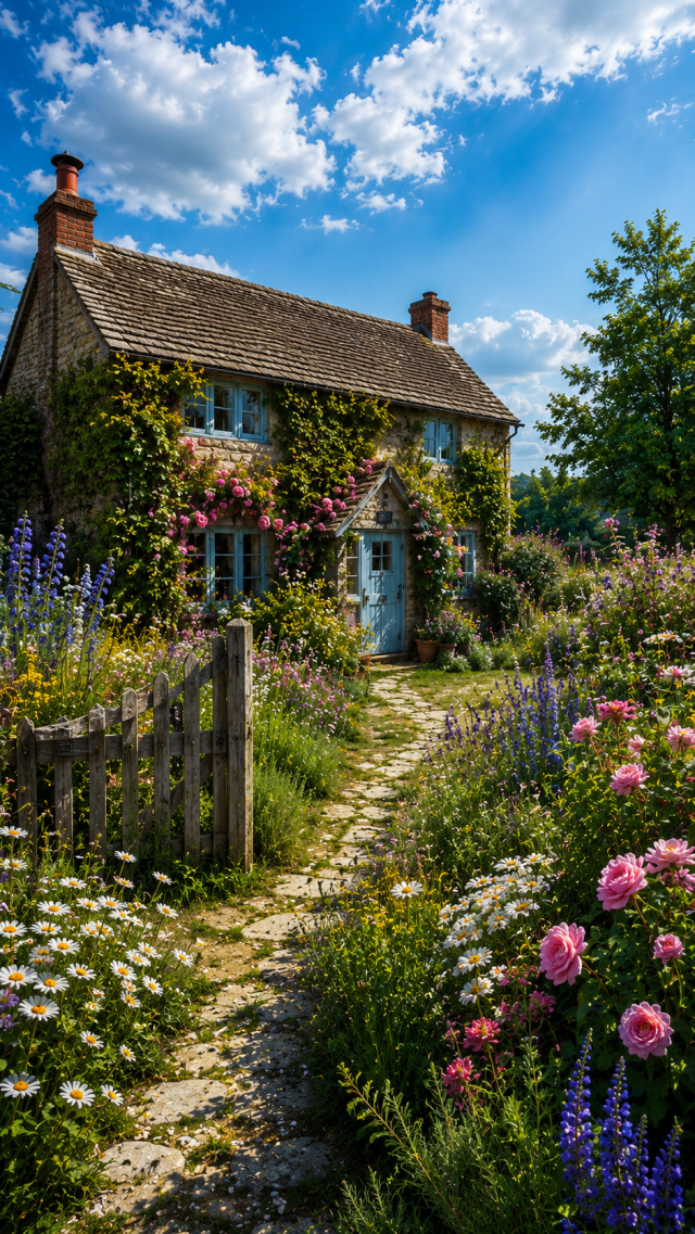 Cottage Garden under Blue Sky