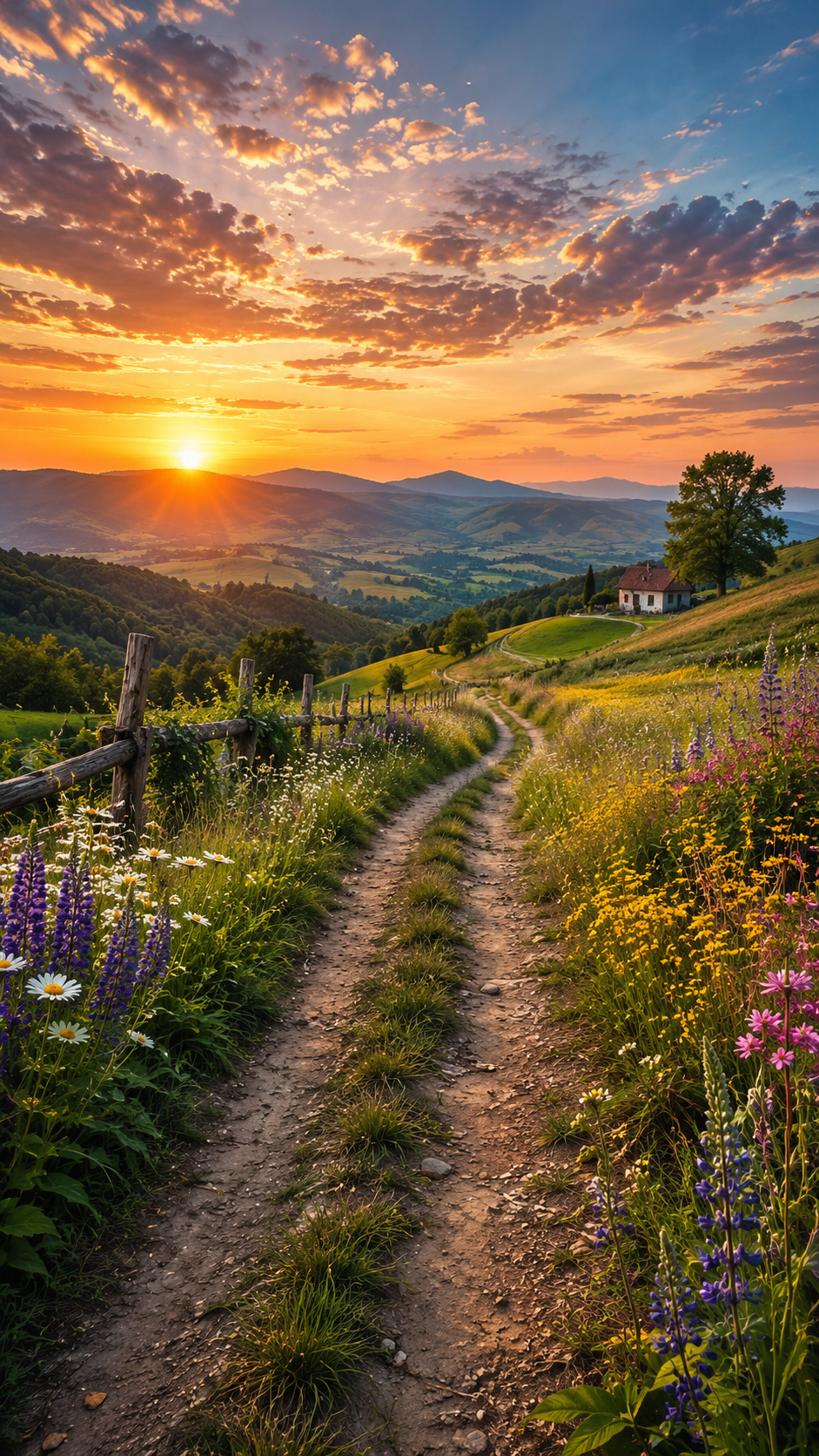 Flower Lane in Hills at Sunset