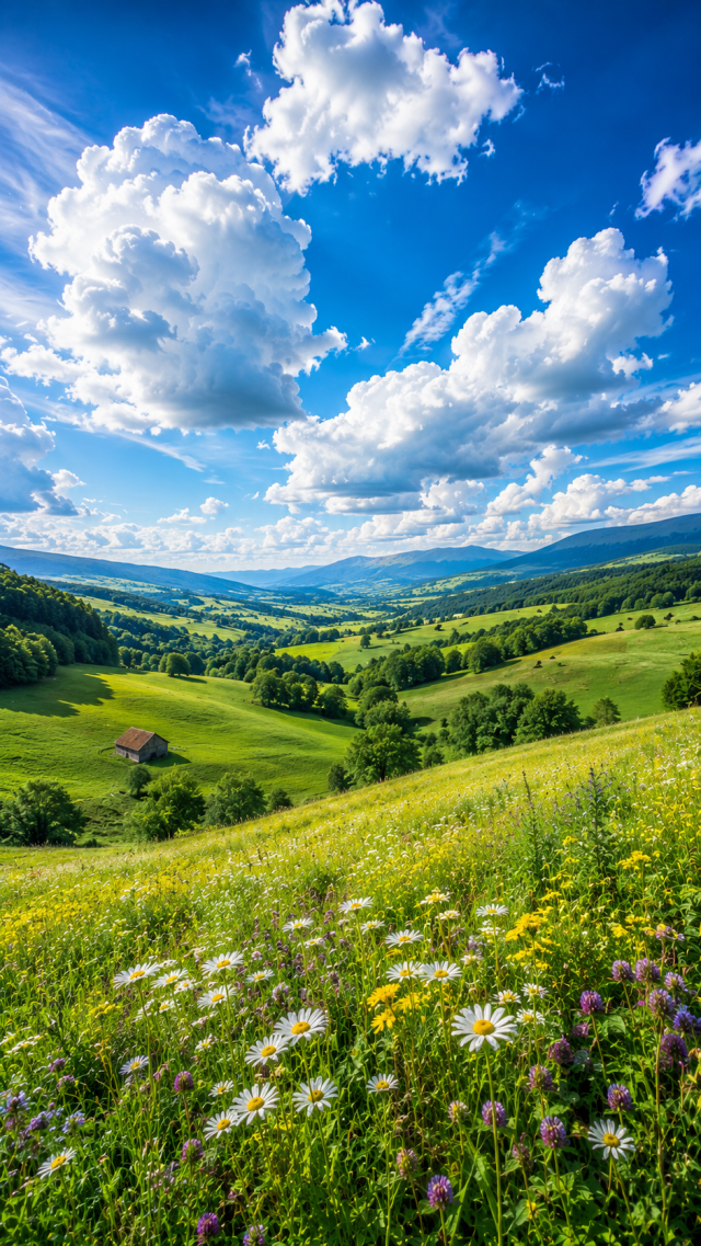 Green Hill with Big Clouds