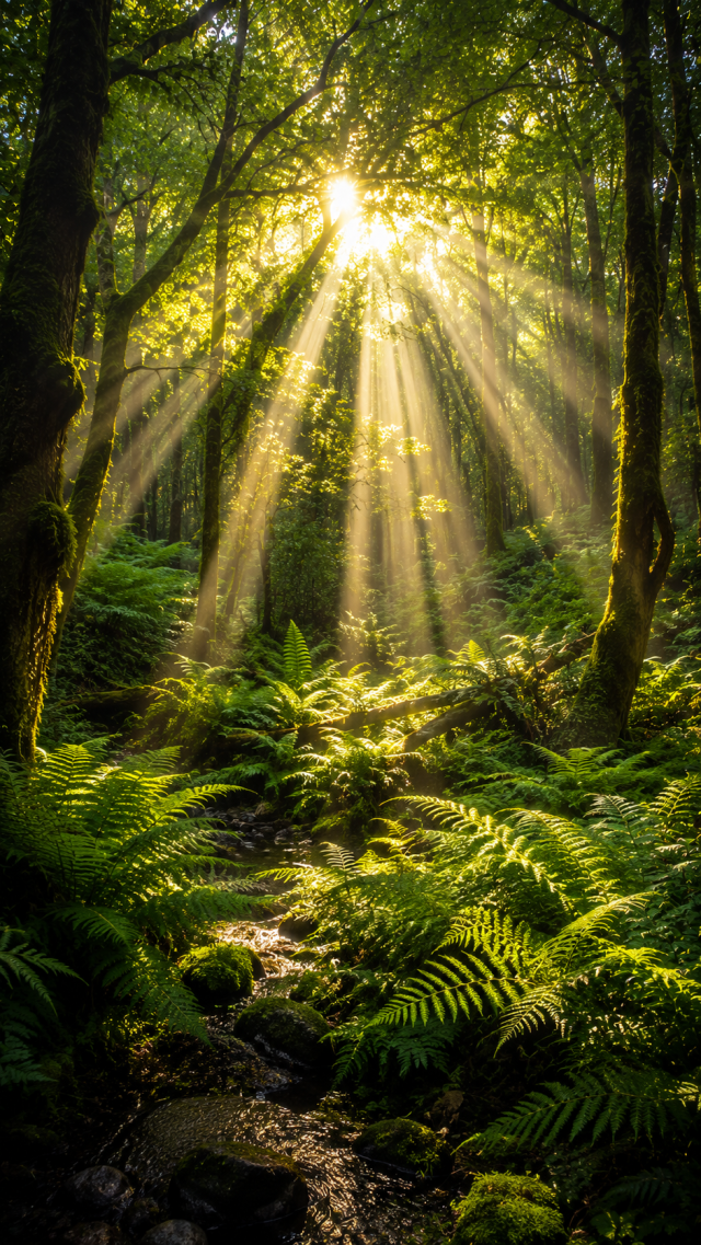 Sunbeams Through Forest Ferns