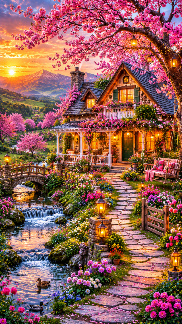 Bright Flower Cottage with Pink Blossoms