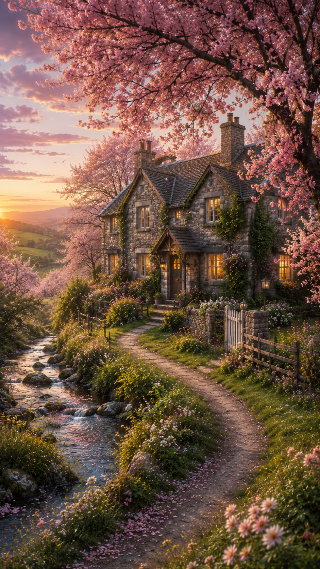 Stone Cottage with Cherry Blossoms