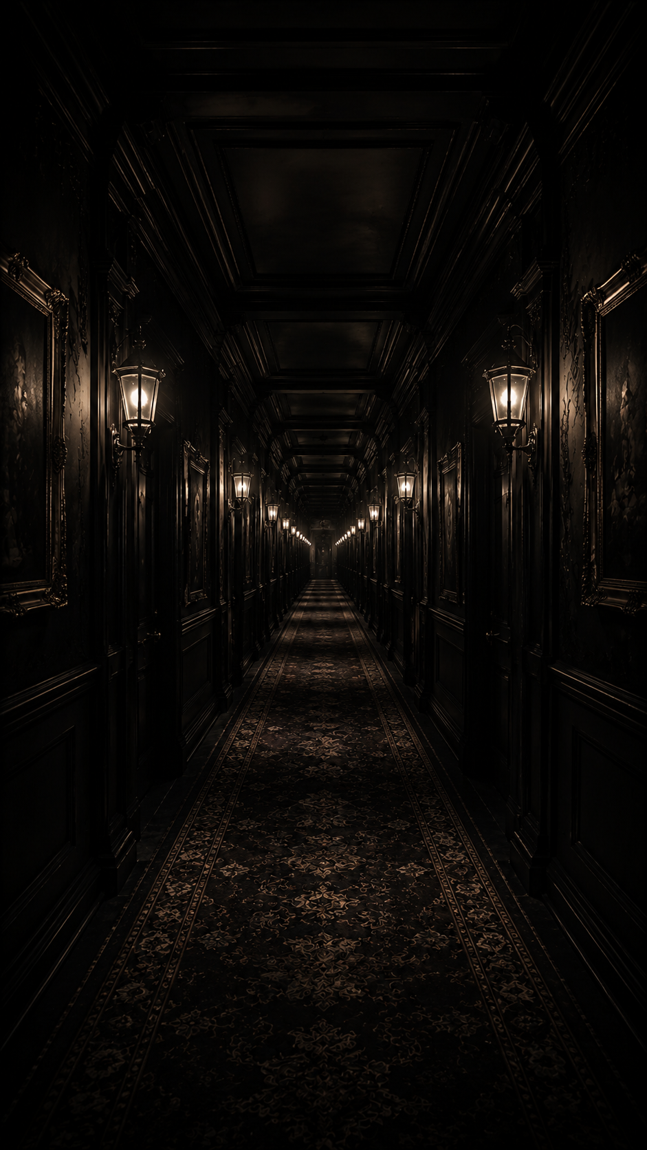 Dark Hallway with Wall Lanterns