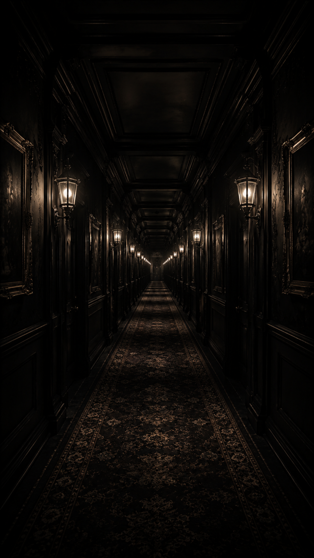 Dark Hallway with Wall Lanterns