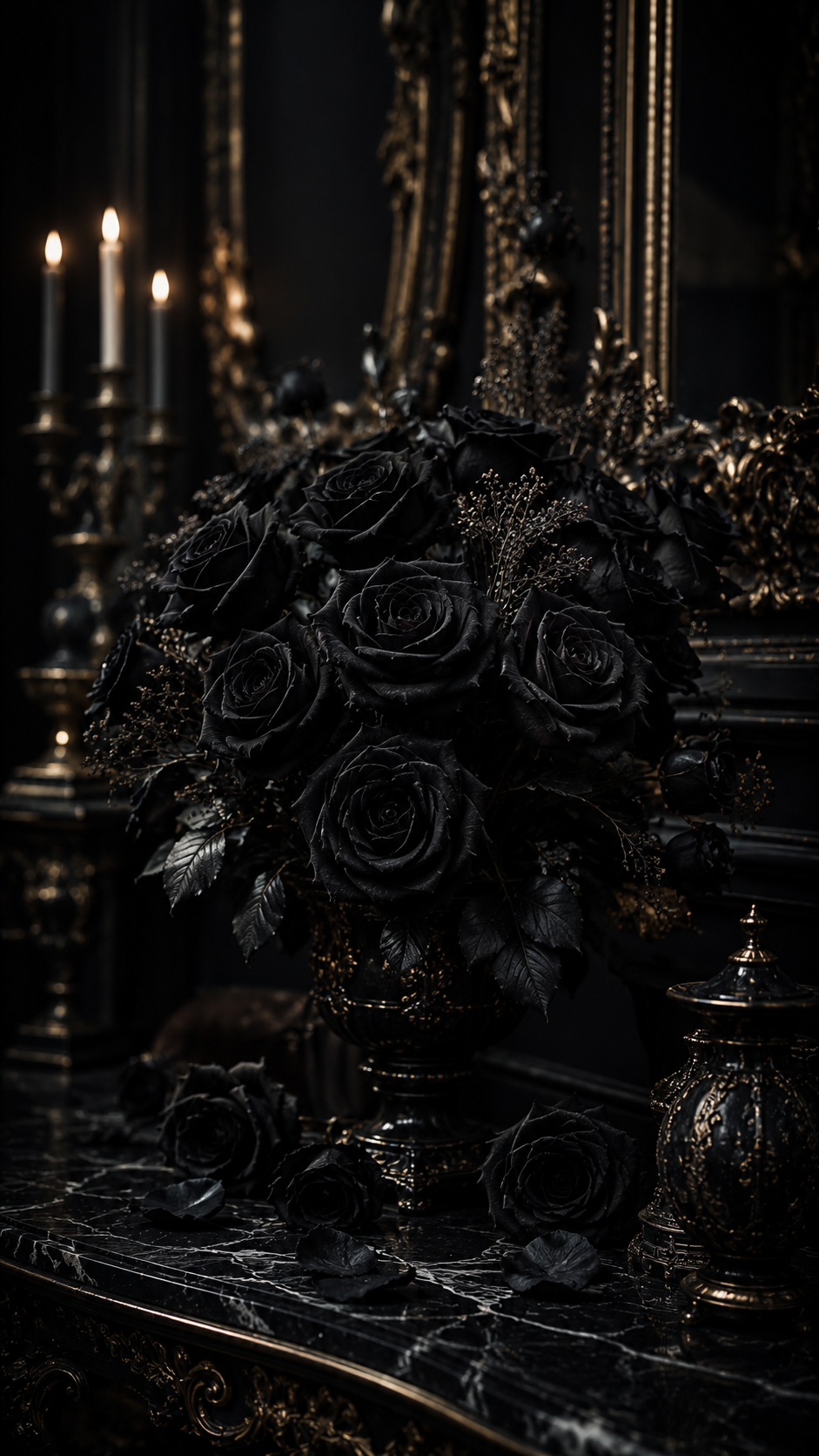 Black Roses in An Ornate Vase