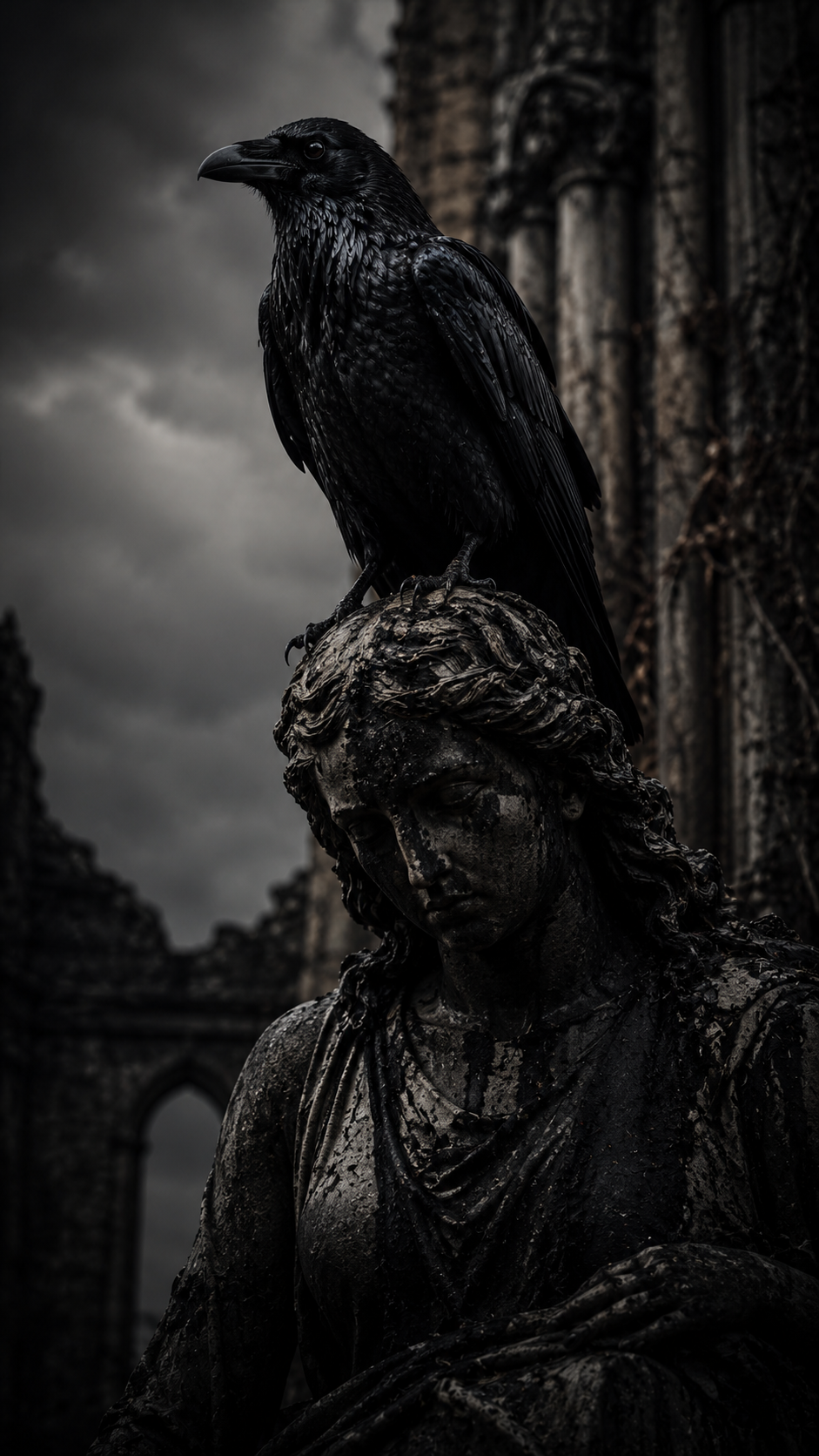 Raven on A Stone Statue