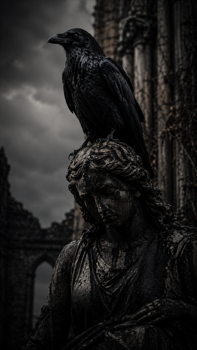 Raven on A Stone Statue