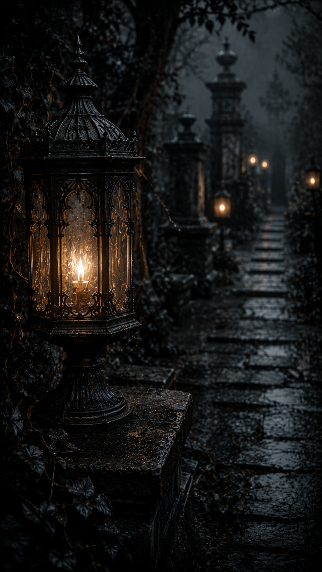 Lantern in A Rainy Garden Path