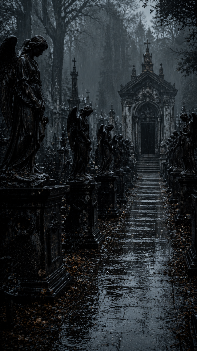Rainy Cemetery Statue Path