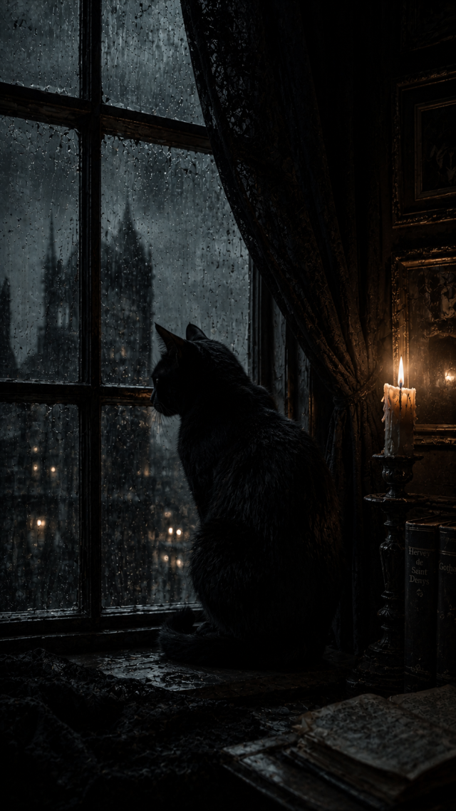 Black Cat at A Rainy Window