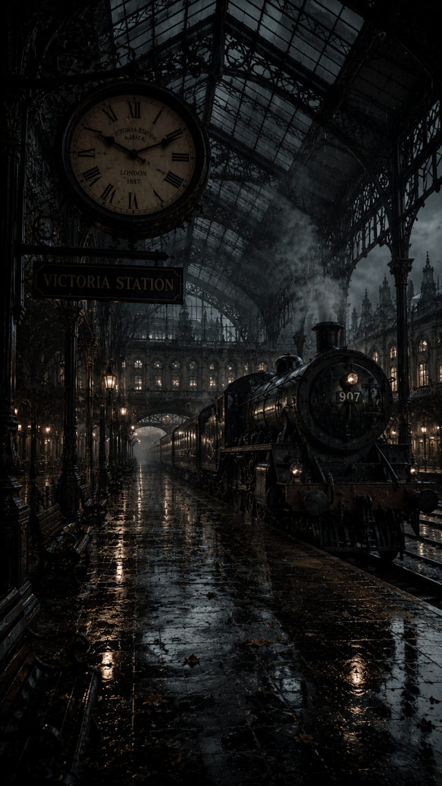 Rainy Old Train Station with Clock