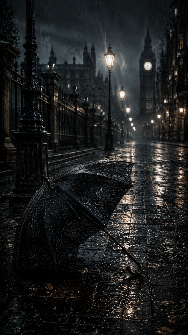 Rainy Victorian Street with Umbrella