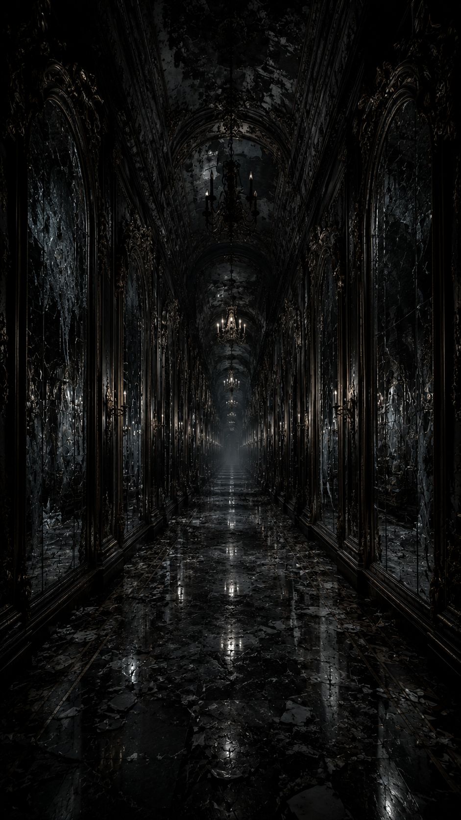 Dark Statue-Lined Corridor