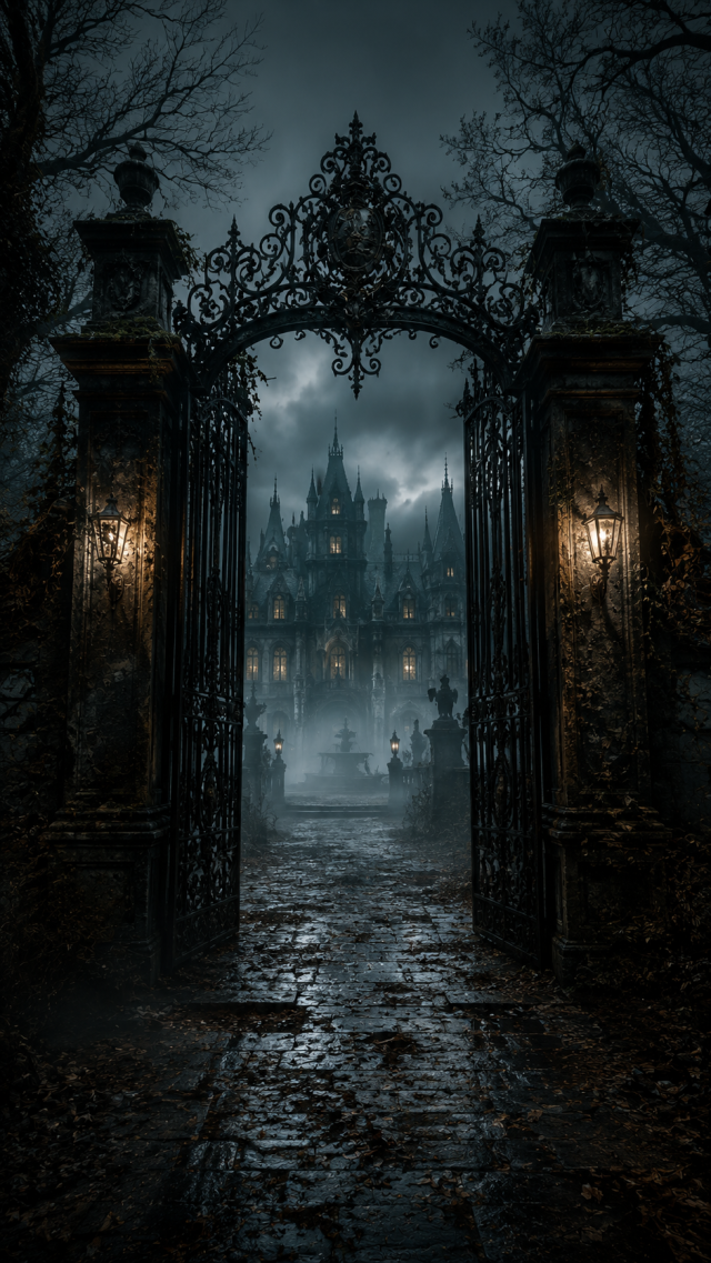 Wrought Iron Gate To A Foggy Mansion