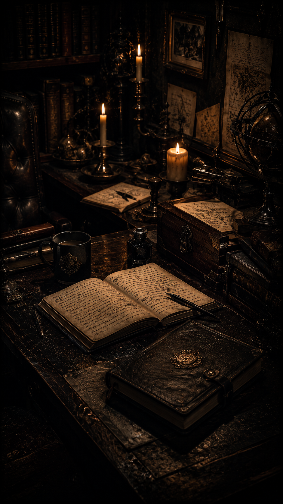 Occult Library Desk with Books and Candles