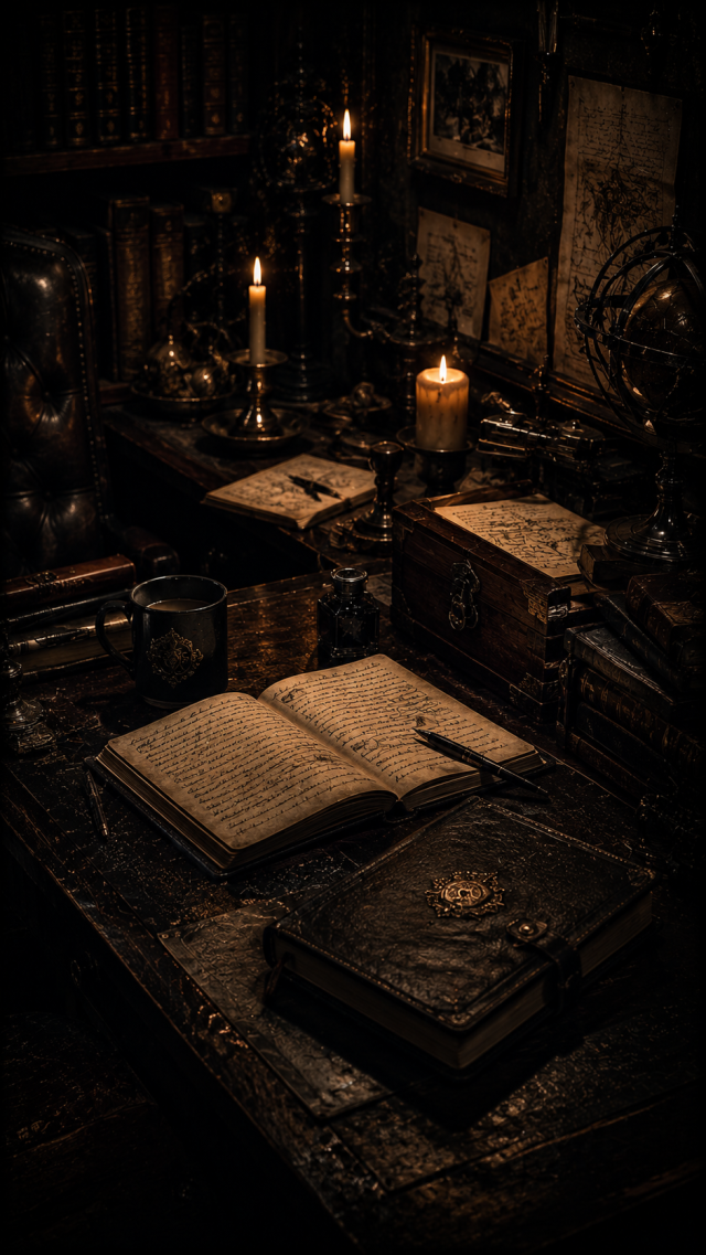 Occult Library Desk with Books and Candles
