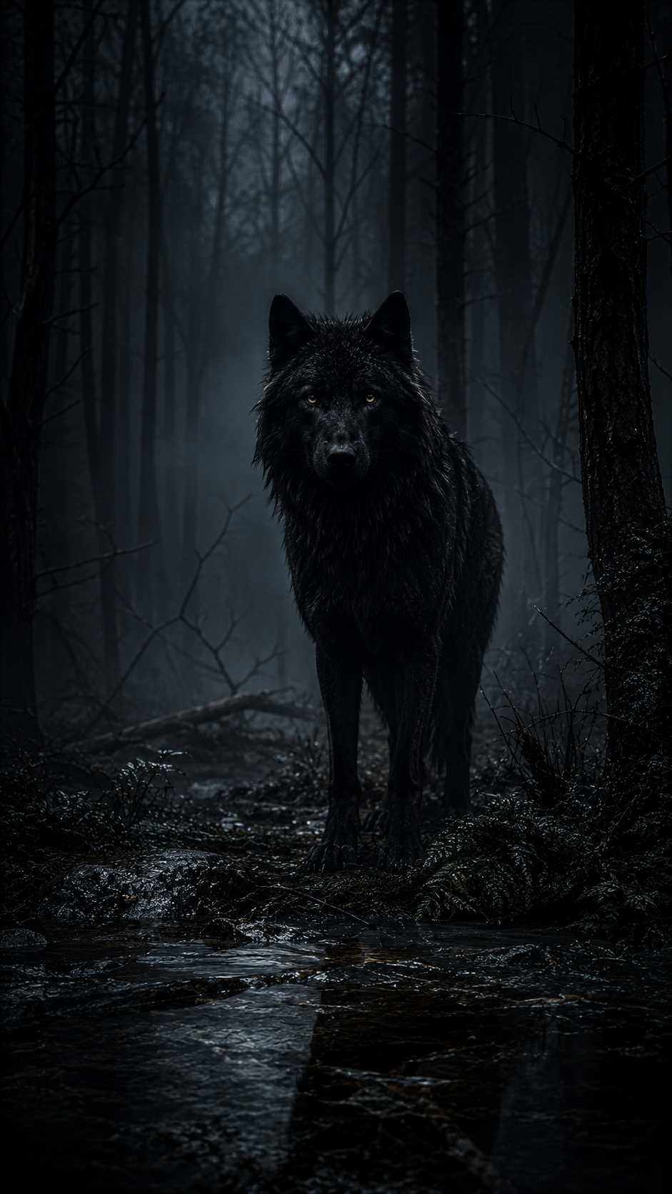 Black Wolf in A Misty Forest