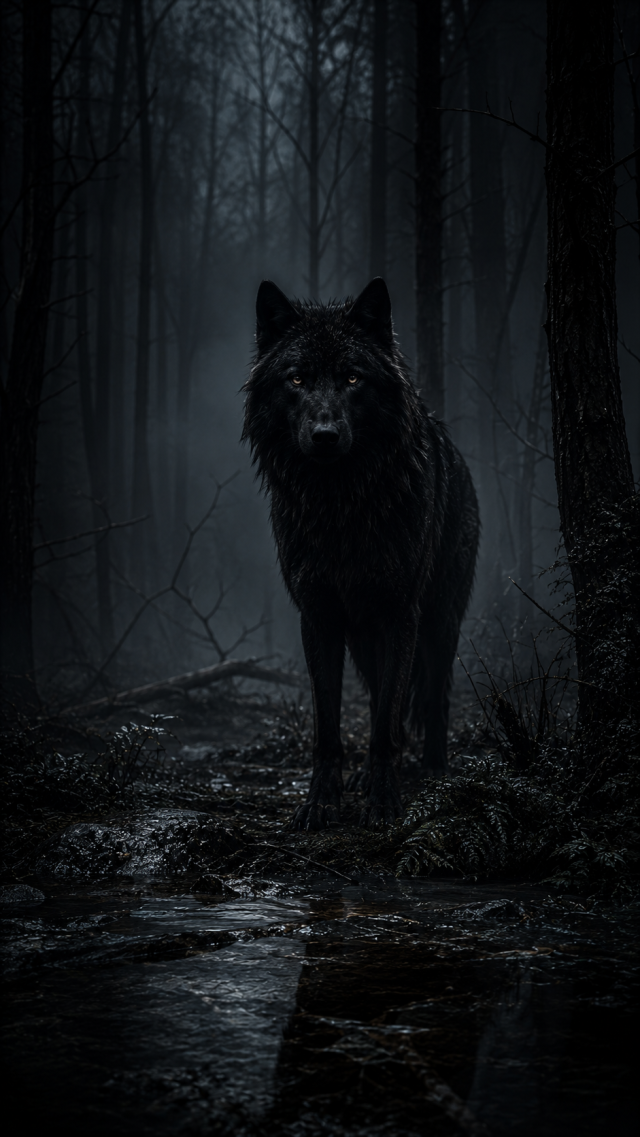 Black Wolf in A Misty Forest