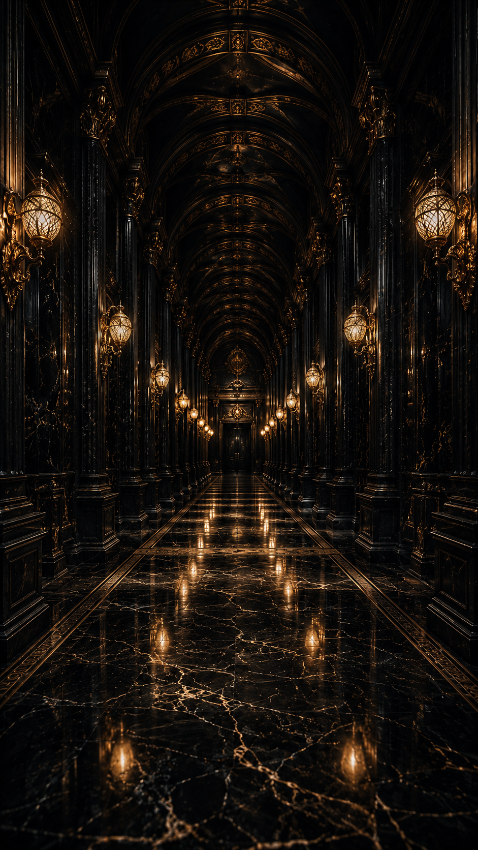 Glossy Black Marble Corridor