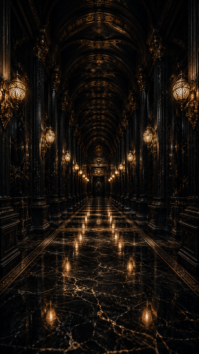 Glossy Black Marble Corridor