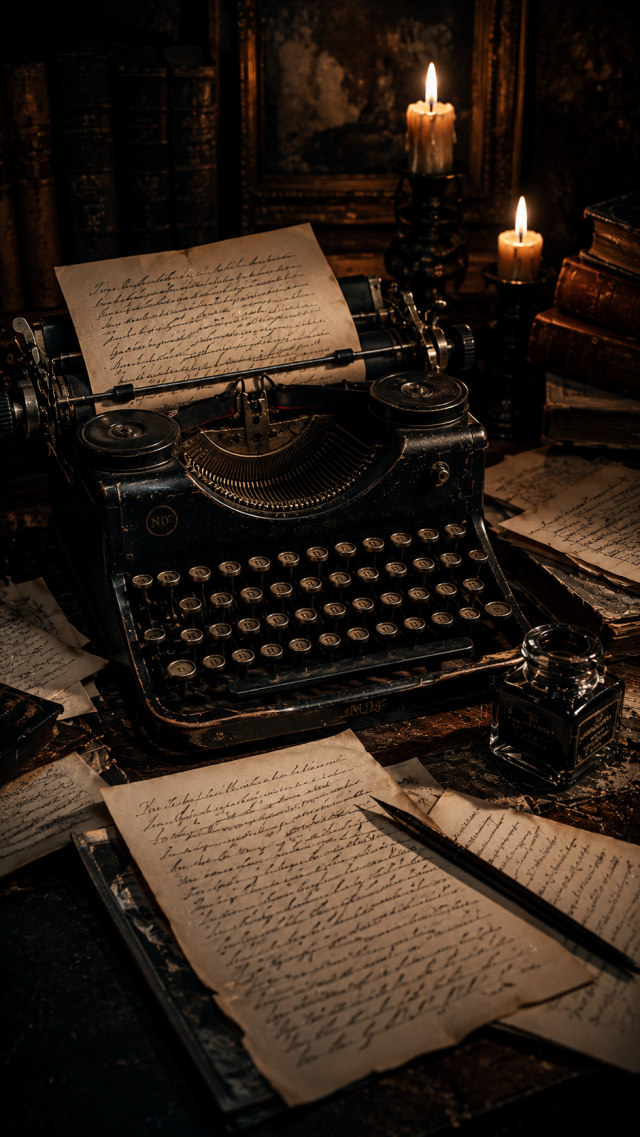 Typewriter with Papers and Candle