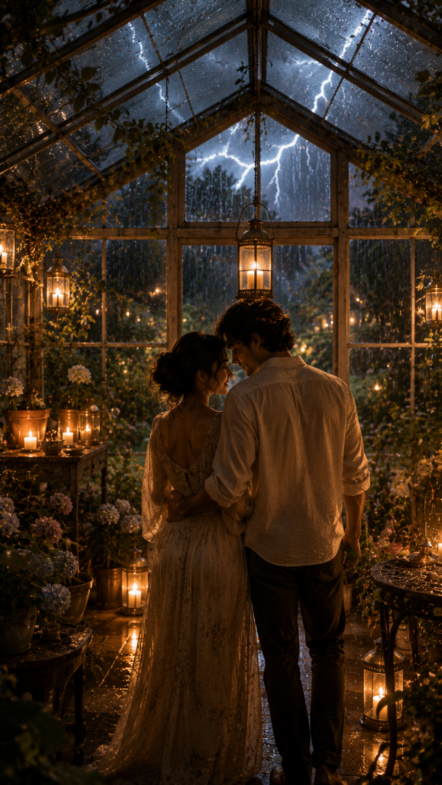 Couple in A Candlelit Greenhouse During Rain