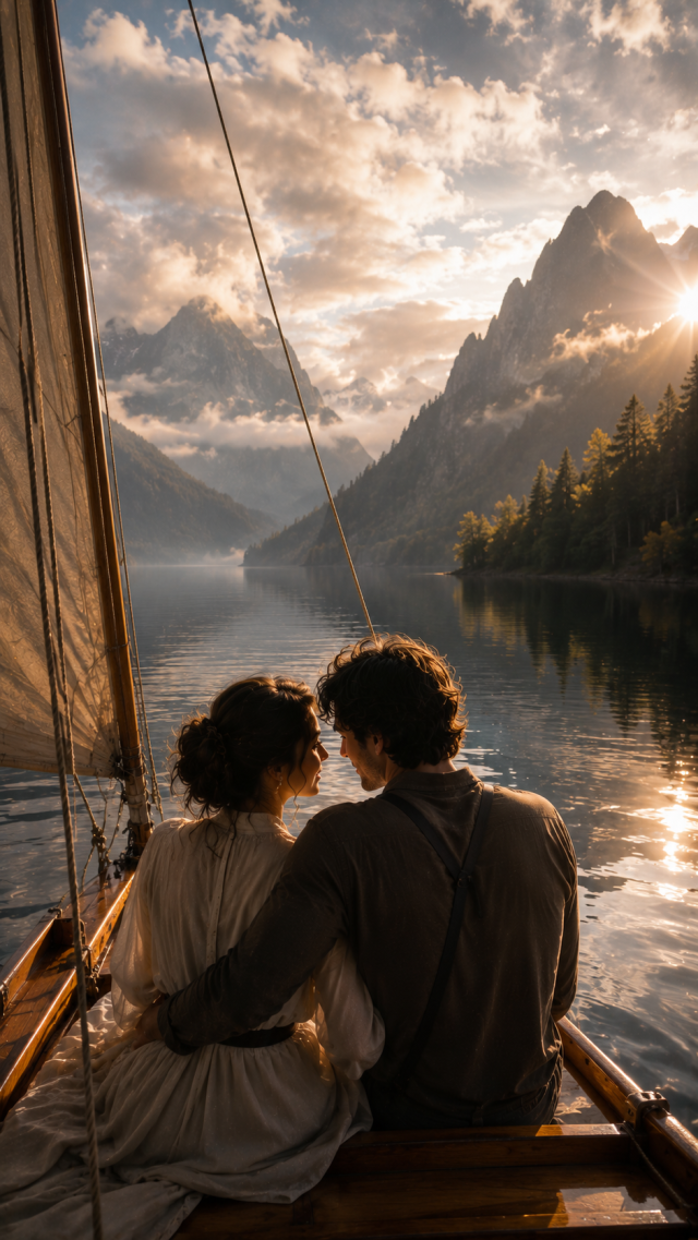 Couple on A Sailboat Before A Mountain Lake