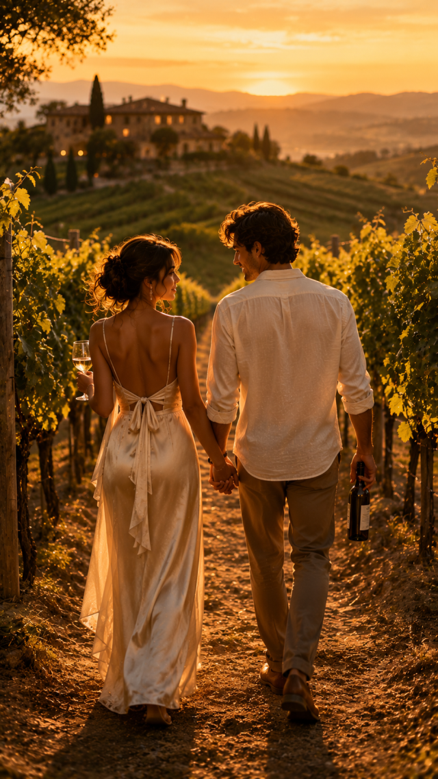 Couple Walking Through A Vineyard at Sunset