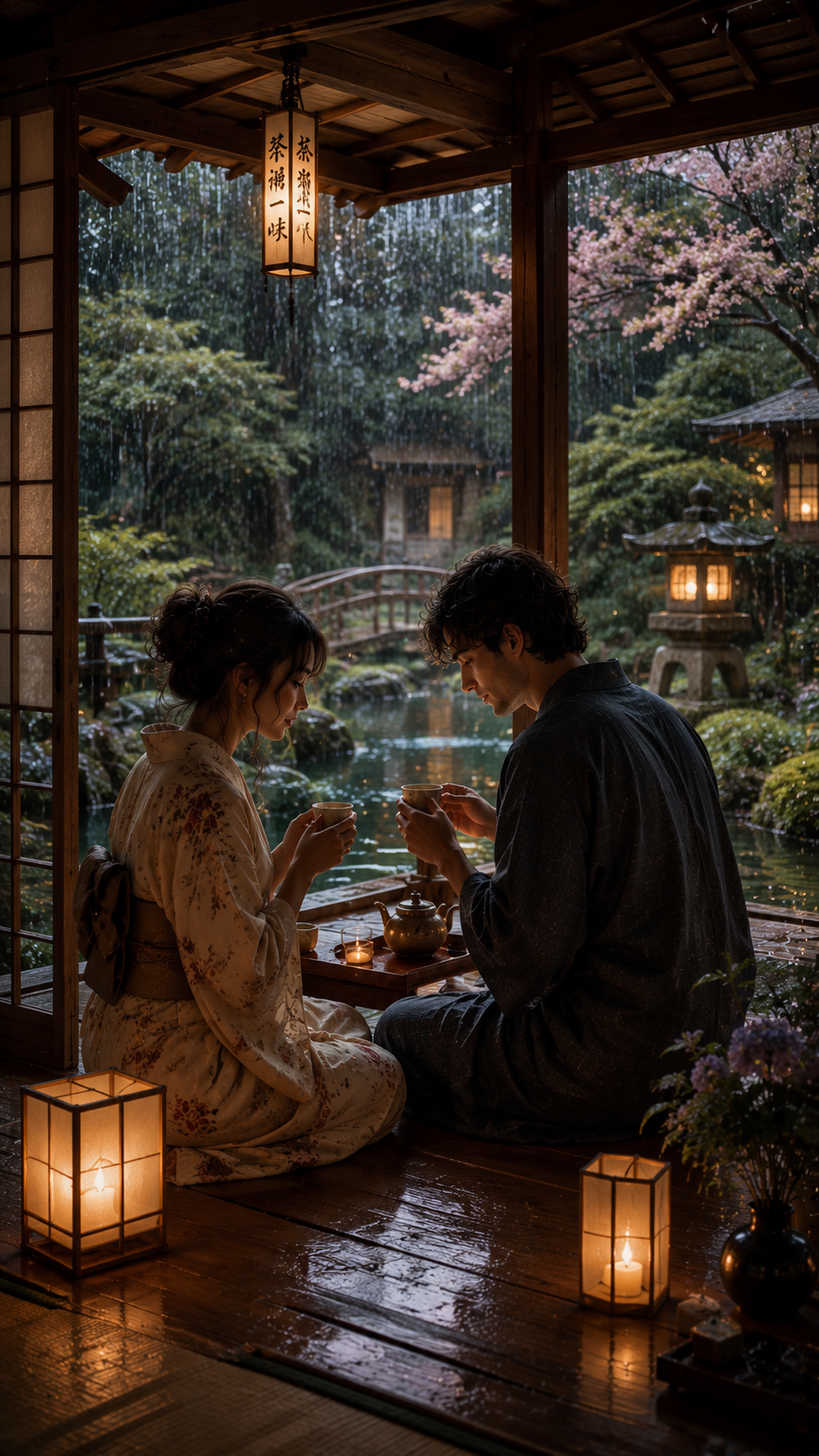 Couple Having Tea in A Japanese Garden