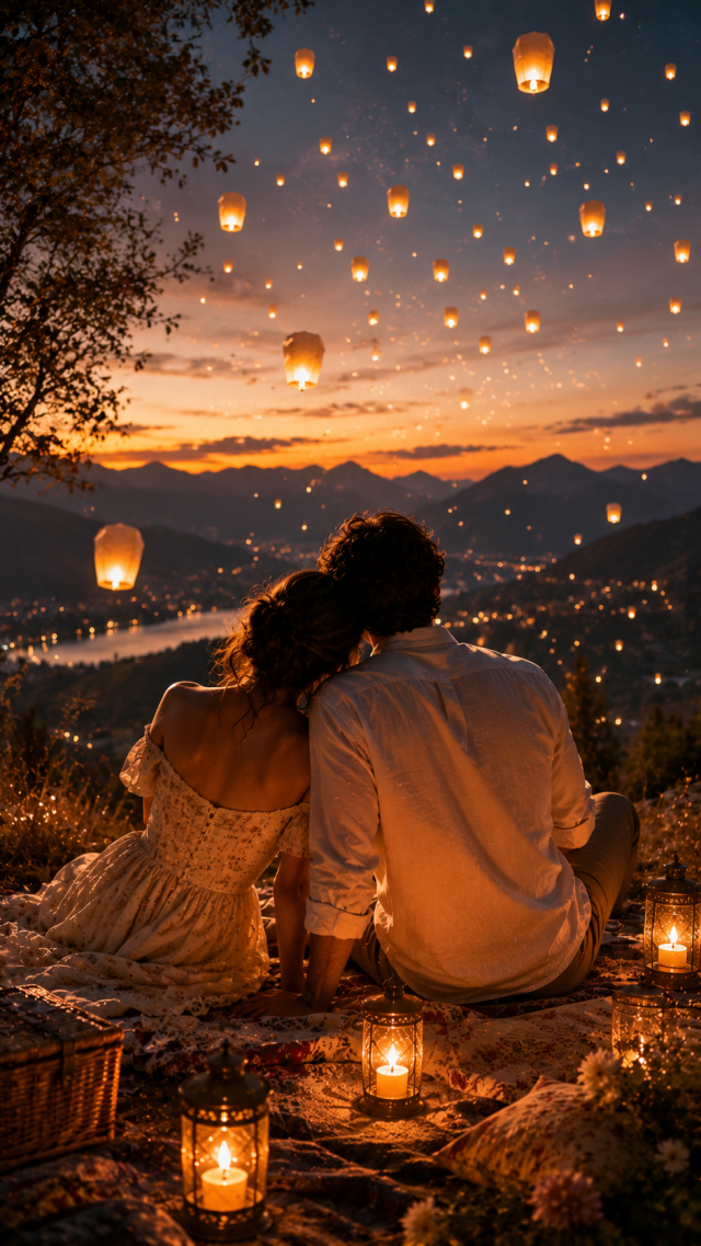 Couple Watching Floating Lanterns