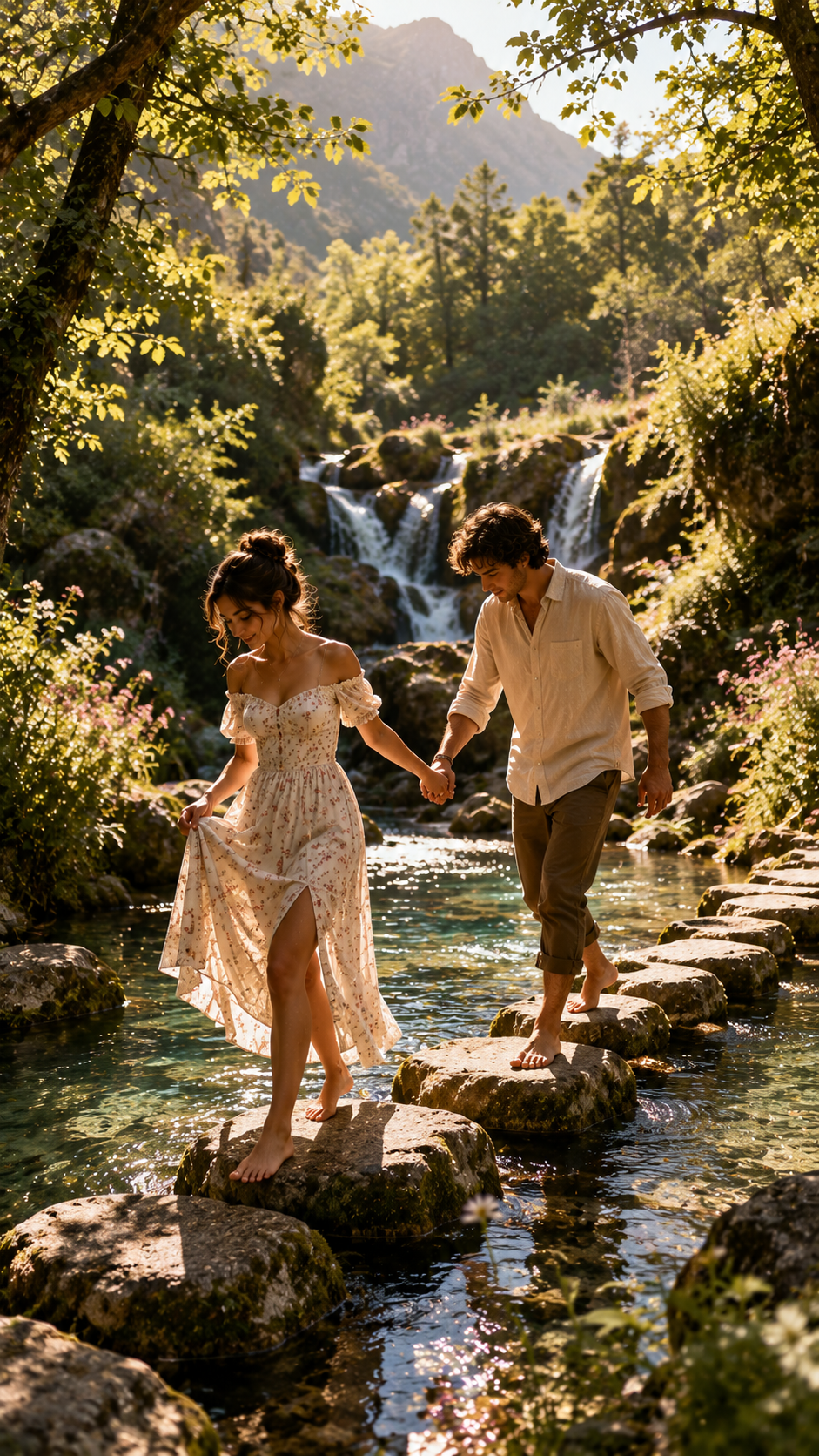 Couple Crossing A Stream Beneath A Waterfall