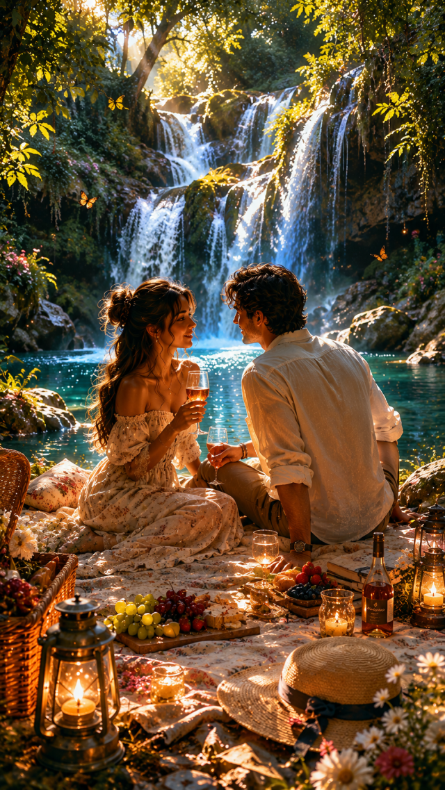 Picnic Couple Below Glowing Waterfalls