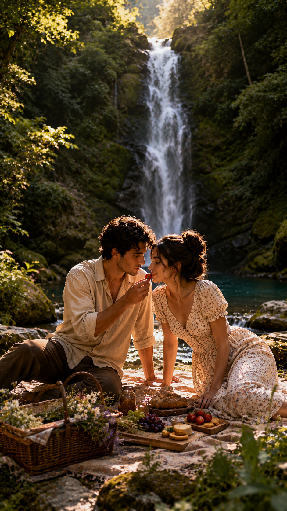 Picnic Couple Beside A Forest Waterfall