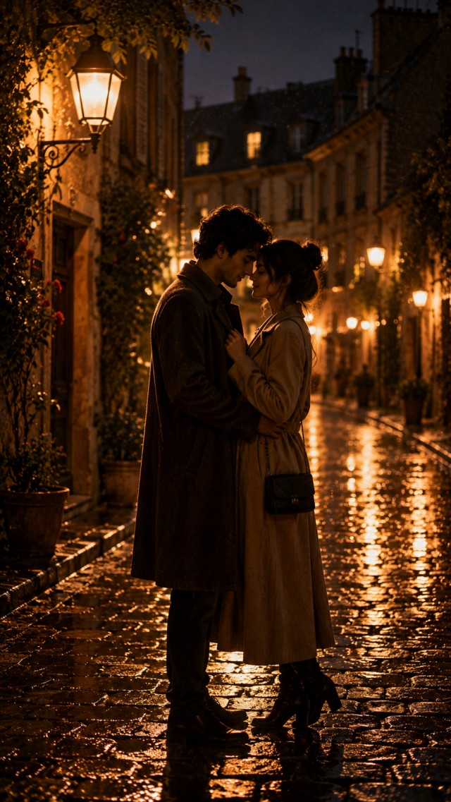 Couple Kissing on A Rainy Old Street