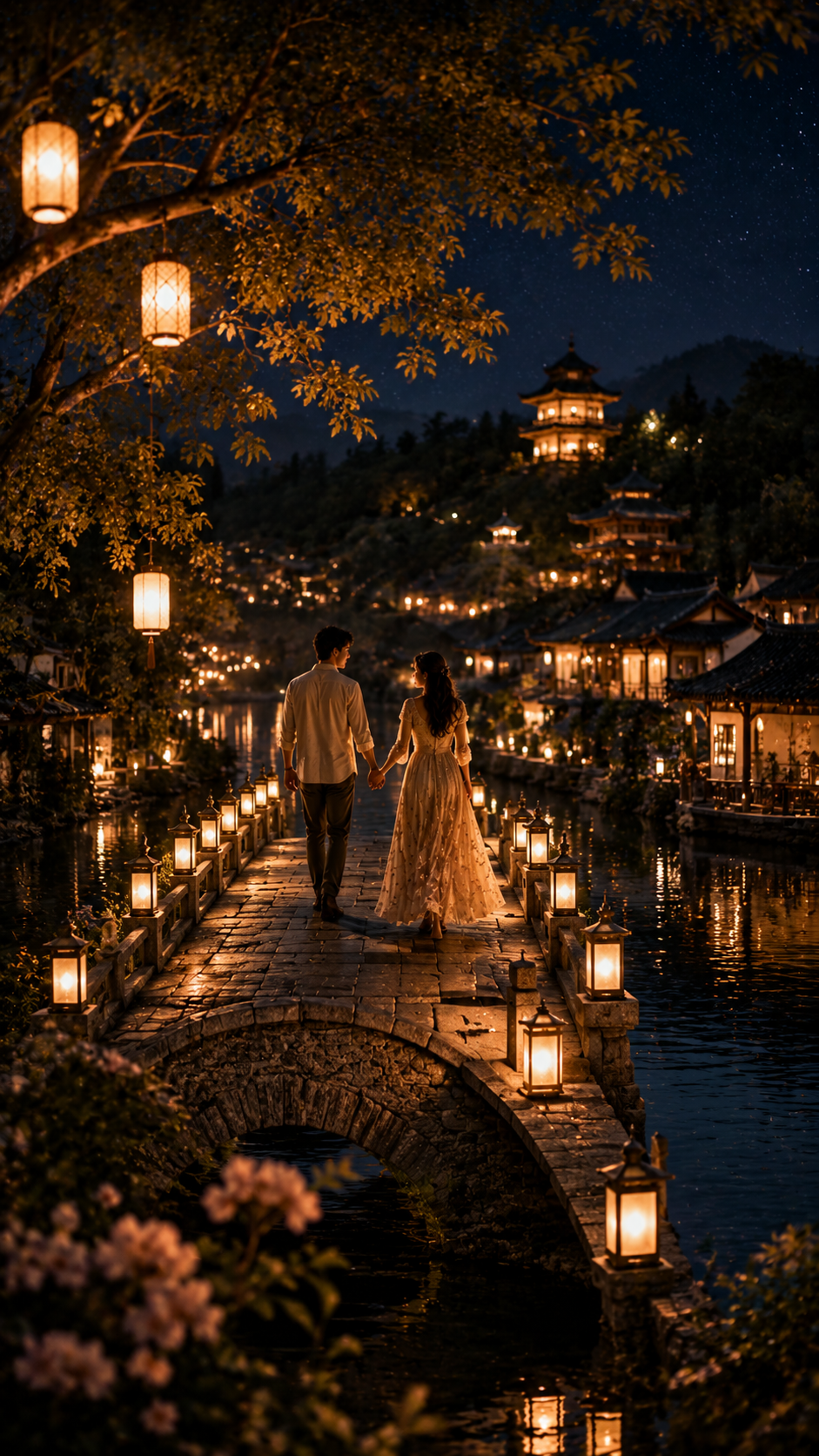 Couple Walking A Lantern Lakeside Town