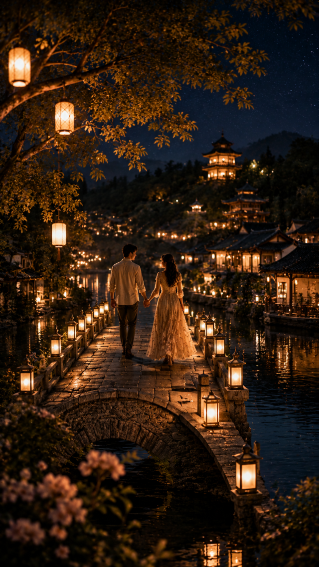 Couple Walking A Lantern Lakeside Town