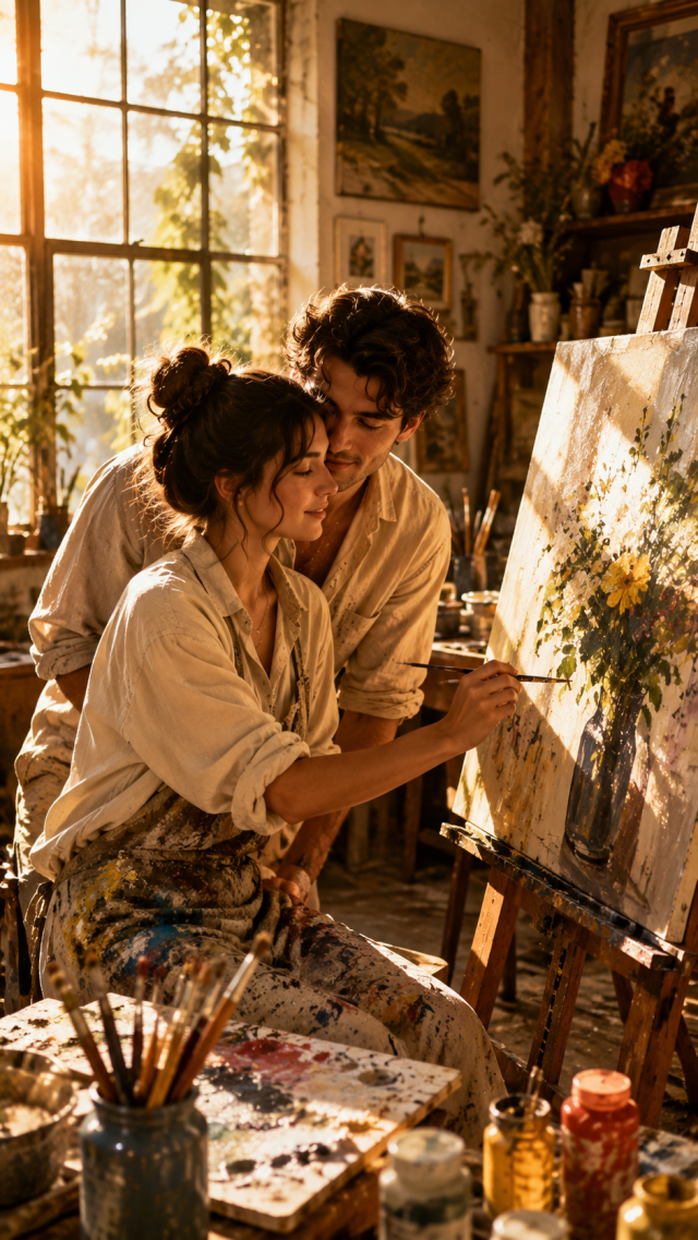 Couple Painting Together in A Sunlit Studio