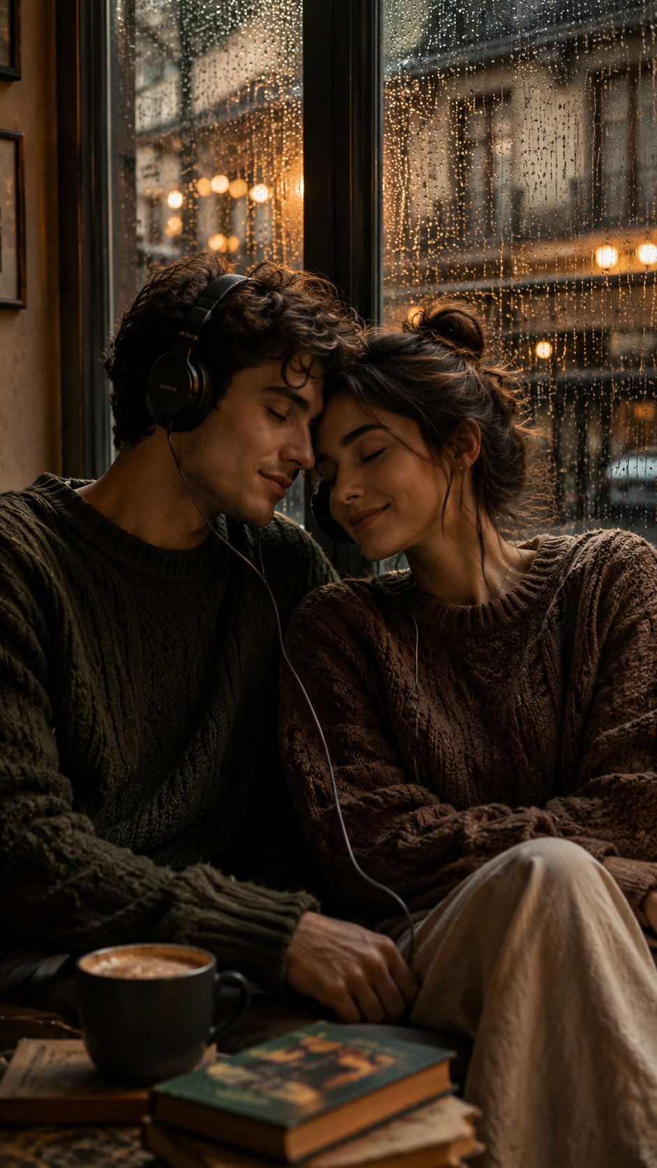 Couple Cuddling by A Rainy Window