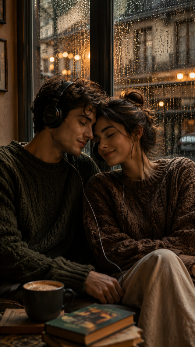 Couple Cuddling by A Rainy Window