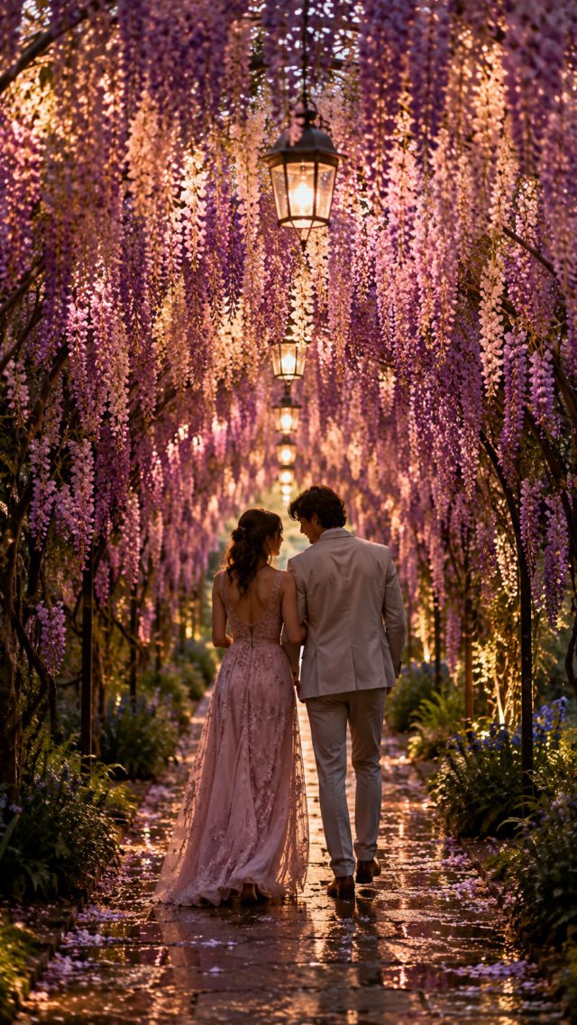 Couple Beneath A Purple Wisteria Walkway