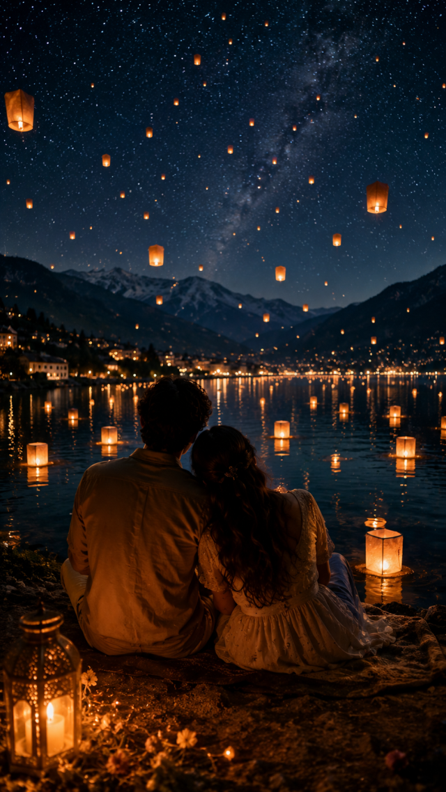 Couple by A Lake with Lanterns