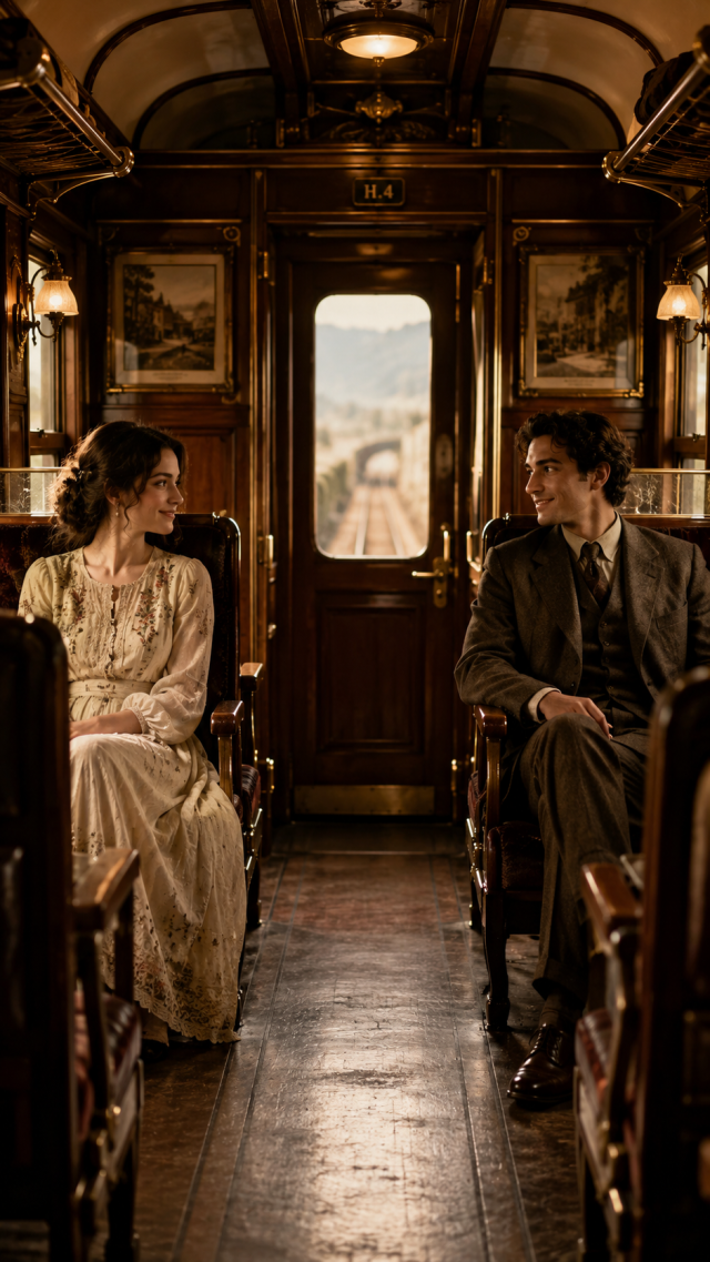 Couple Facing Each Other in A Vintage Train