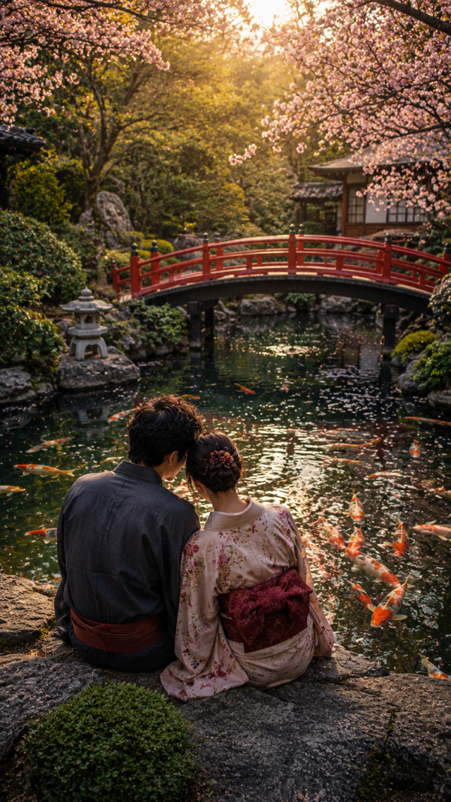 Couple by A Koi Pond and Red Bridge