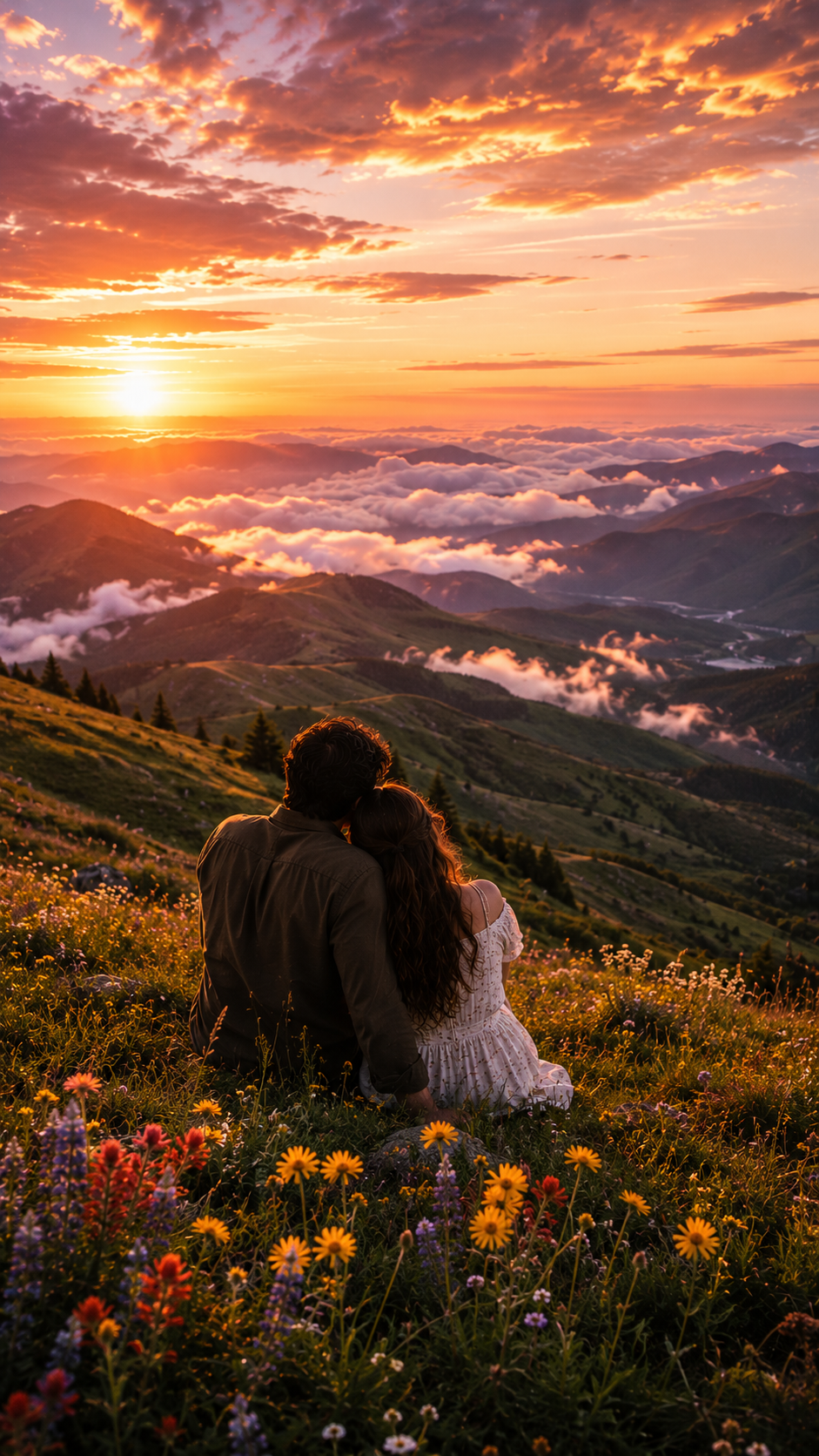 Couple on A Mountain Sunrise Meadow
