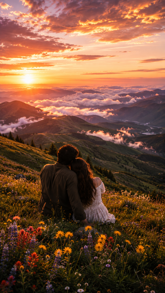 Couple on A Mountain Sunrise Meadow
