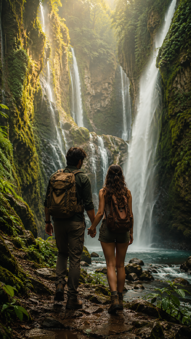 Couple Before A Tall Jungle Waterfall